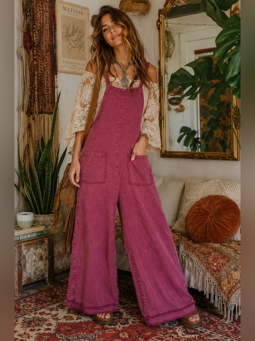 Boho Wide-Leg Jumpsuit in Berry Pink